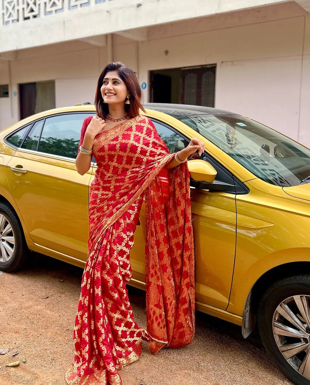 Vasanthi Krishnan Wearing Traditional Red Saree Blouse